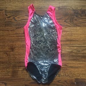 GK Elite Leotard Silver Black Coral sz AS EUC